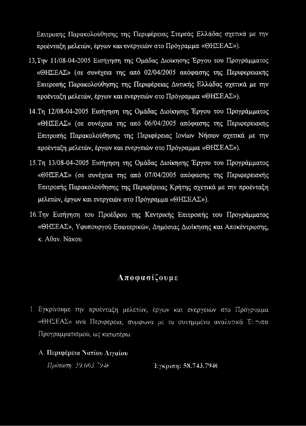 «ΘΗΣΕΑΣ» (σε συνέχεια της από 02/04/2005 απόφασης της Περιφερειακής Επιτροπής Παρακολούθησης της Περιφέρειας Δυτικής Ελλάδας σχετικά με την προένταξη μελετών, έργων και ενεργειών στο Πρόγραμμα
