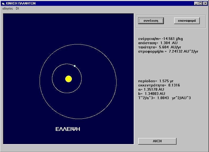 ΤΟ ΗΛΙΑΚΟ ΣΥΣΤΗΜΑ Επιλέγεται από το χρήστη η αρχική θέση και ταχύτητα ενός πλανήτη και παρατηρούμε την κίνησή