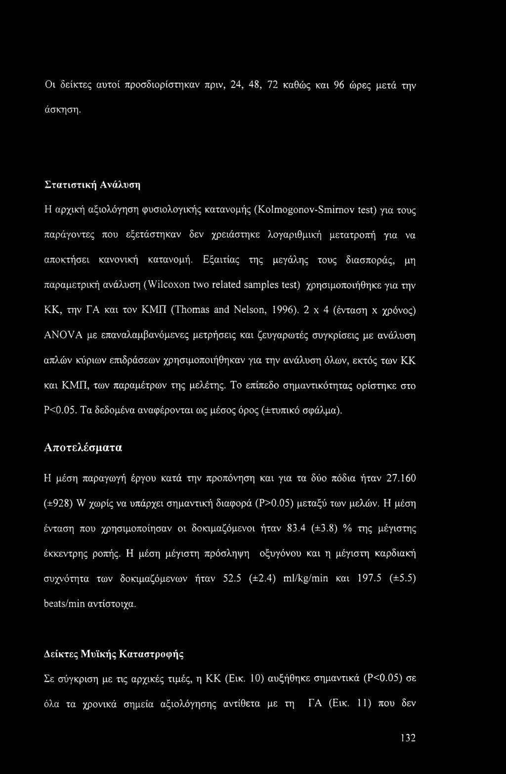 Εξαιτίας της μεγάλης τους διασποράς, μη παραμετρική ανάλυση (Wilcoxon two related samples test) χρησιμοποιήθηκε για την ΚΚ, την ΓΑ και τον ΚΜΠ (Thomas and Nelson, 1996).