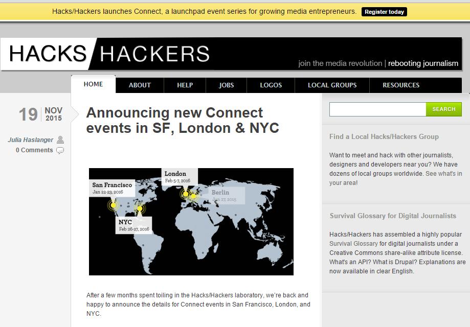 Γκρουπ /δίκτυα Πρωτοβουλίες όπως η Hacks/Hackers, η οποία φέρνει σε επαφή δημοσιογράφους με τους ειδικούς στη τεχνολογία.