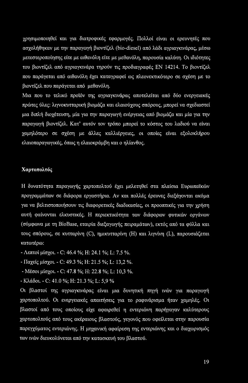 Οι ιδιότητες του βιοντίζελ από αγριαγκινάρα τηρούν τις προδιαγραφές ΕΝ 14214.