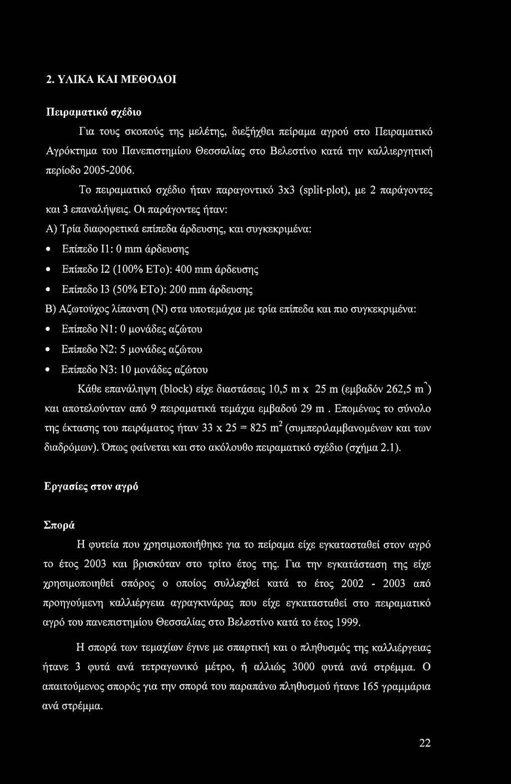 Οι παράγοντες ήταν: Α) Τρία διαφορετικά επίπεδα άρδευσης, και συγκεκριμένα: Επίπεδο 11:0 mm άρδευσης Επίπεδο 12 (100% ΕΤο): 400 mm άρδευσης Επίπεδο 13 (50% ΕΤο): 200 mm άρδευσης Β) Αζωτούχος λίπανση