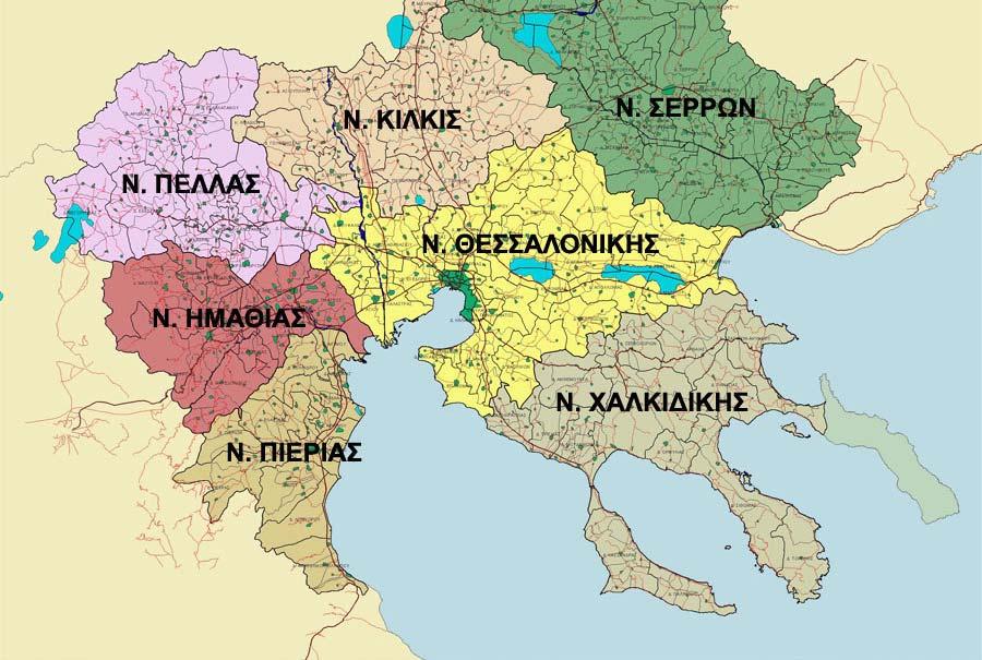 Πηγή: Περιφέρεια Κεντρικής Μακεδονίας, 2007 Σε επίπεδο νομού το 2001, το 56,4% του πληθυσμού της περιφέρειας κατοικούσε στον νομό Θεσσαλονίκης και ακολουθούν οι νομοί Σερρών (10,7%), Πέλλας (7,8%),