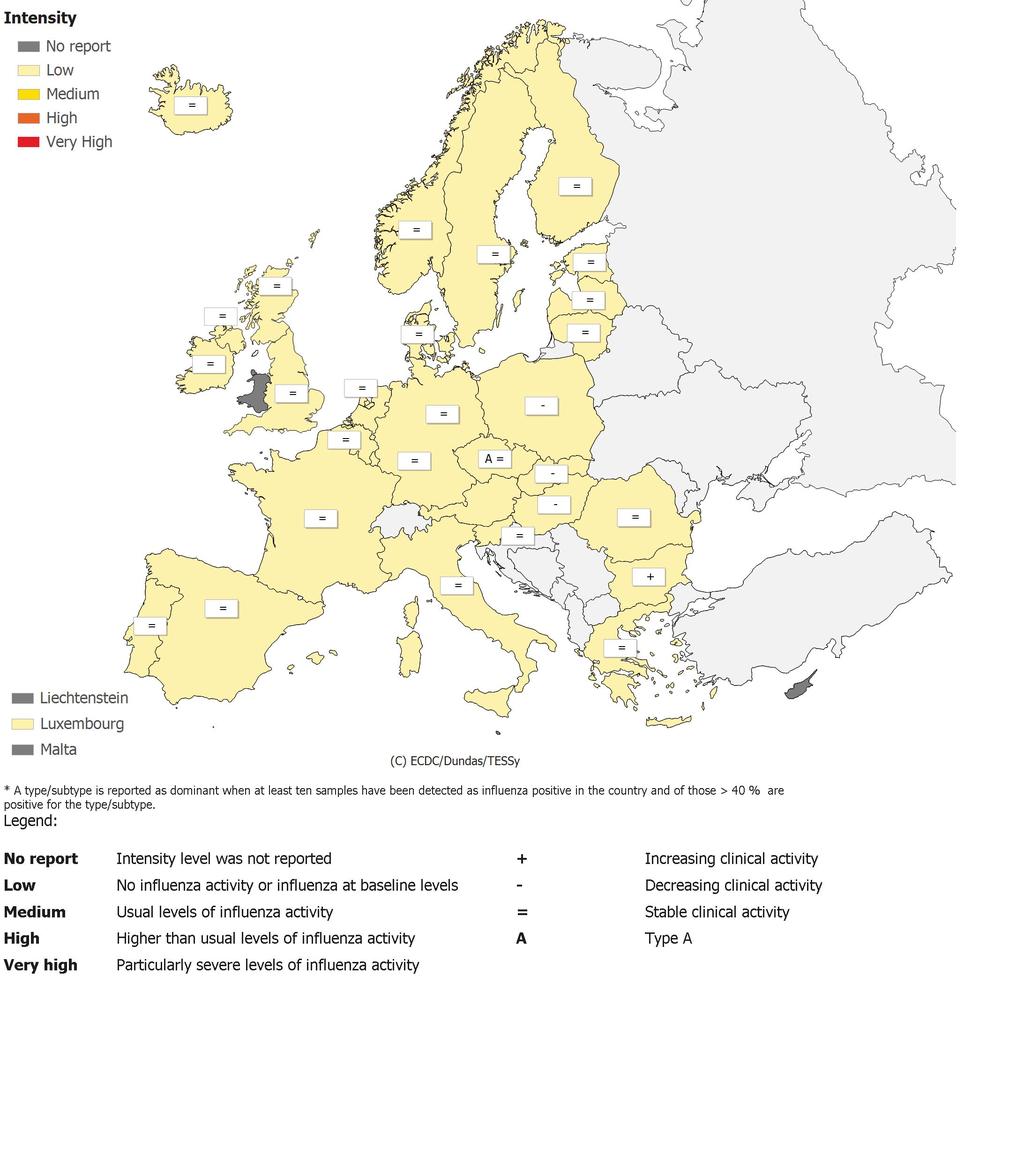 Ε. Η δραστηριότητα της γρίπης στην Ευρώπη Σύμφωνα με τις εβδομαδιαίες εκθέσεις, που έχουν εκδοθεί από το Ευρωπαϊκό Κέντρο Πρόληψης και Ελέγχου Νόσων (ECDC) για τις εβδομάδες 40/2011 έως και 44/2011,