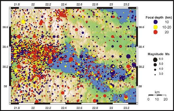 Περιοχή έρευνας και 11 km, ενώ στα ανατολικά το βάθος των σεισµικών υποκέντρων κυµαίνεται από 4 έως 13 km βάθος. Εικόνα 2.3: Χάρτης σεισµικών επικέντρων για τον Κορινθιακό κόλπο.