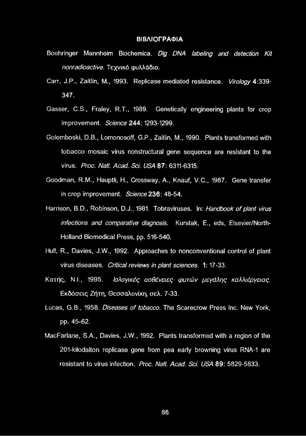 Plants transformed with tobacco mosaic virus nonstructural gene sequence are resistant to the virus. Proc. Natl. Acad. Sci. USA 87: 6311-6315. Goodman, R.M., Hauptli, H., Crossway, A., Knauf, V.C., 1987.