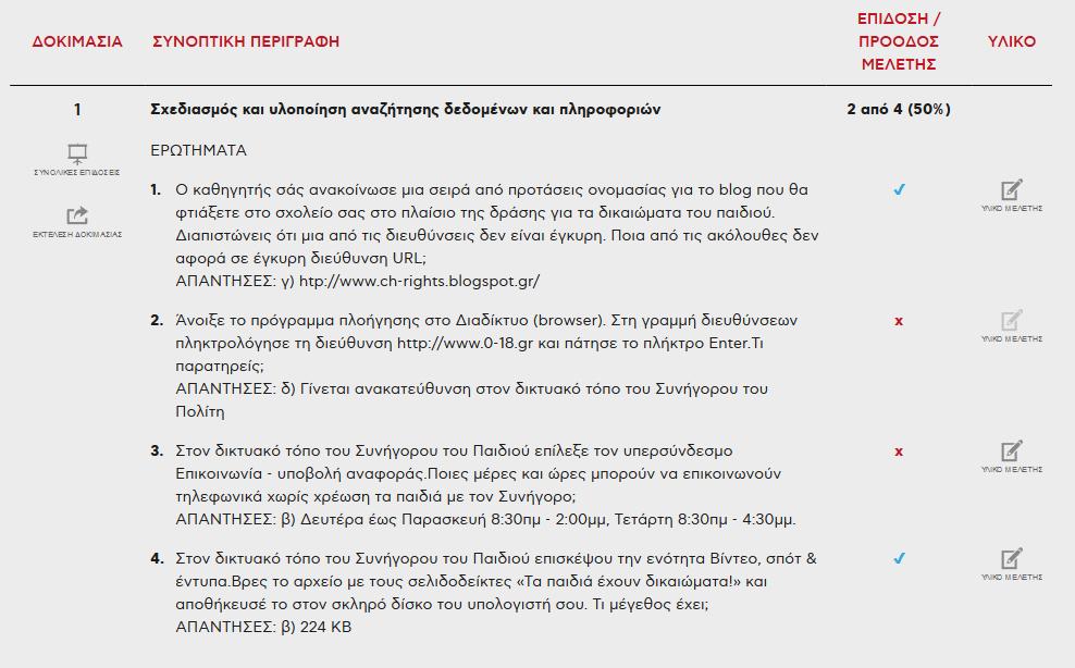 ΣΤΑΔΙΟ 4: Διάβασε το προτεινόμενο υλικό μελέτης για τα ερωτήματα που δεν απάντησες σωστά Δες πρώτα τα αποτελέσματα της προσπάθειάς σου: Στη στήλη «ΣΥΝΟΠΤΙΚΗ ΠΕΡΙΓΡΑΦΗ» μπορείς να δεις όλες τις