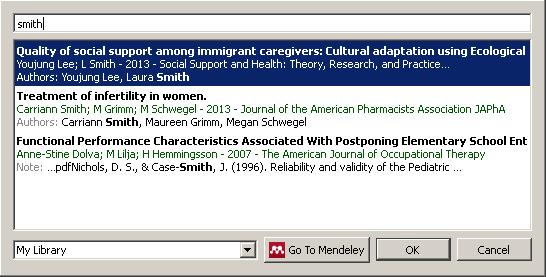 Εικόνα 37 'Mendeley Cite-O-Matic' αναδυόμενο παράθυρο - Αναζήτηση αναφοράς στο Mendeley Επιλέγοντας το (α) Πληκτρολογώντας το όνομα ενός