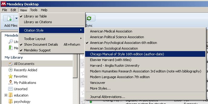 i) Είτε από το Mendeley Desktop (πριν ξεκινήσετε τη συγγραφή της εργασίας), μενού View Citation Styles, και επιλέγετε το πρότυπο βιβλιογραφίας που επιθυμείτε, Εικόνα 41