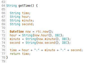 Εικόνα 29: Πηγαίος κώδικας πομπού - γραμμές 63 έως 79 Ο κώδικας των γραμμών 64-78, περιέχει την συνάρτηση gettime(); η οποία κάθε φορά που καλείται μέσα από τη loop() επιστρέφει την ώρα, τα λεπτά και