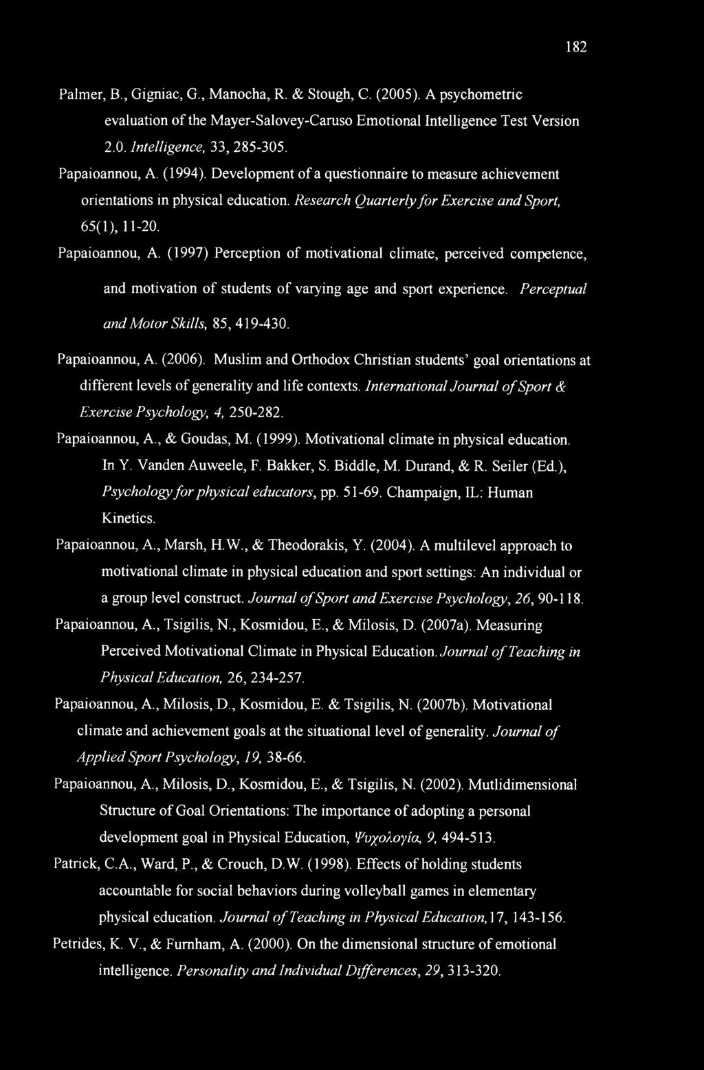 (1997) Perception of motivational climate, perceived competence, and motivation of students of varying age and sport experience. Perceptual and Motor Skills, 85,419-430. Papaioannou, A. (2006).