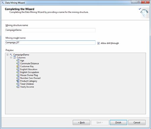Στο παράδειγμα μας δίνουμε το όνομα CampaignDemo για την δομή και το όνομα Campaign_DT (για Decision Trees Δέντρα Απόφασης) για το μοντέλο μας. Επίσης επιλέγουμε Allow drill through.