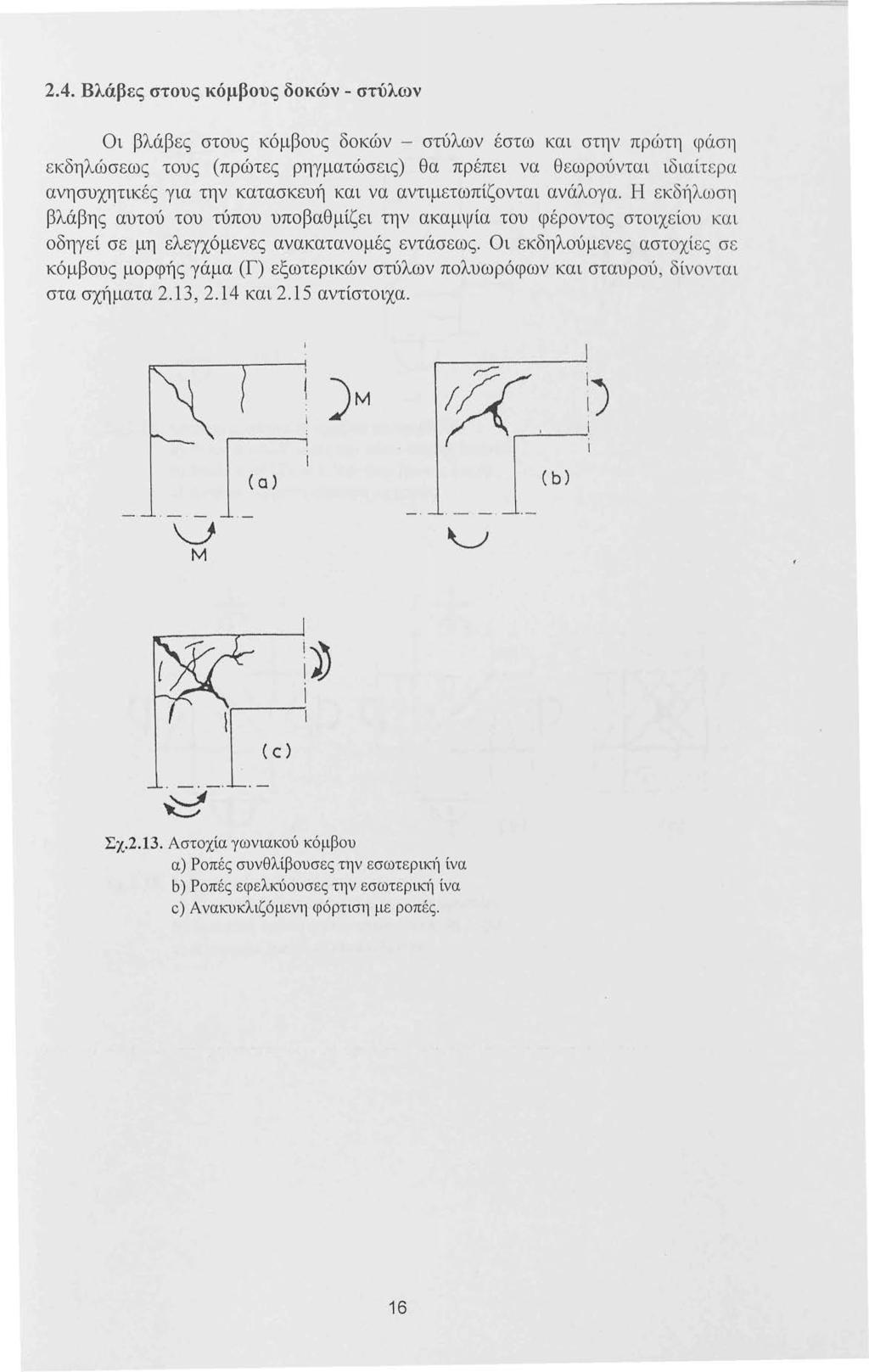 2.4. Βλάβες στους κόμβους δοκών - στύλων Οι βλάβες στους κόμβους δοκών - στύλων έστω και στην πρώτη φάση εκδηλώσεως τους (πρώτες ρηγματώσεις) θα πρέπει να θεωρούνται ιδιαίτ ε ρα ανησυχητικές για την