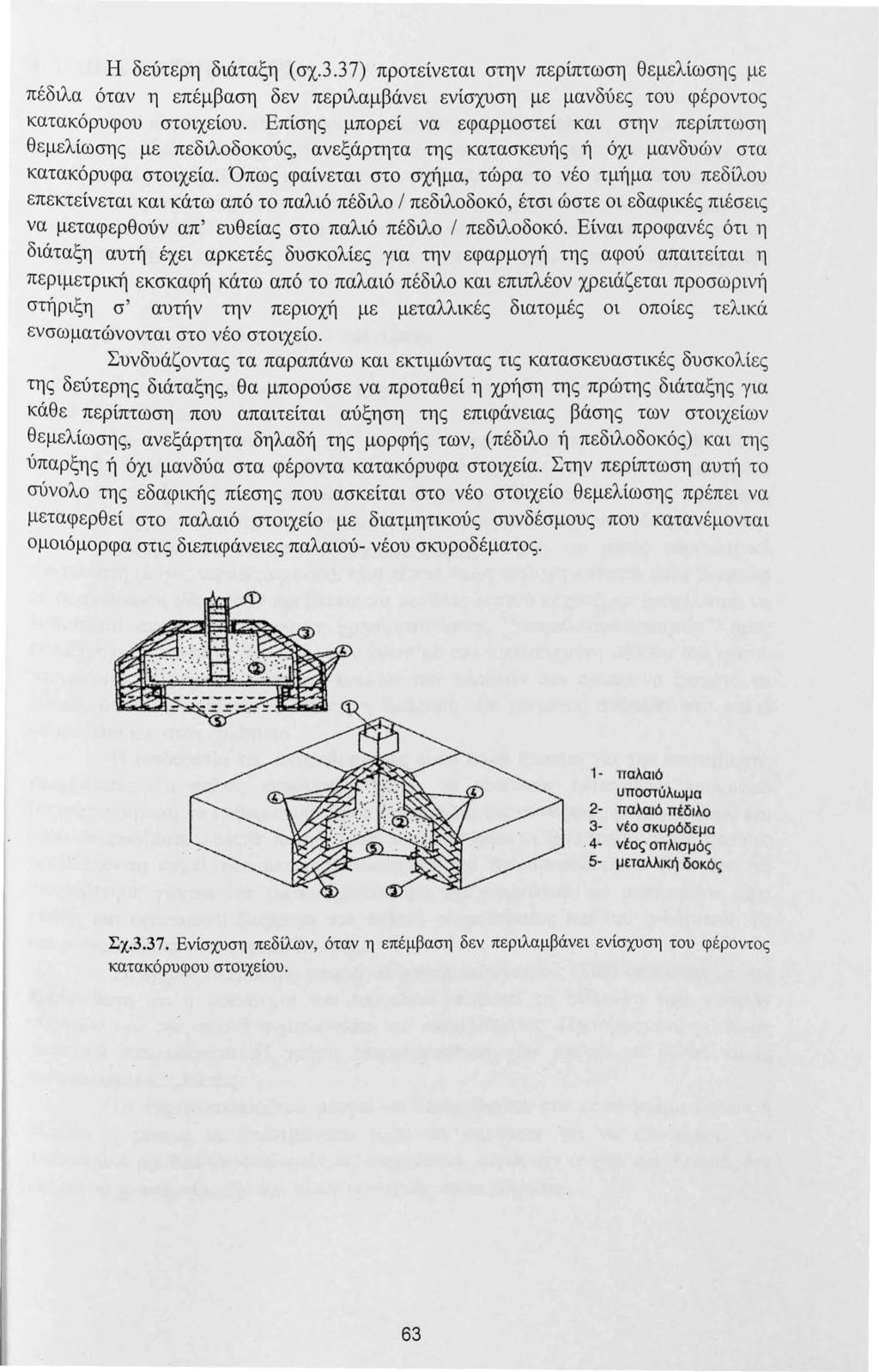 Η δεύτερη διάταξη ( σχ.3.3 7) προτείνεται στην περίπτωση θεμελίωσης με πέδιλα όταν η επέμβαση δεν περιλαμβάνει ενίσχυση με μανδύες του φέροντος κατακόρυφου στοιχείου.