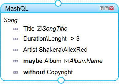 PREFIX a: <http:www.example.nam.com> PREFIX S1: <http:www.example.si.com> SELECT?SongTitle,?AlbumName FROM <http:www.example.si.com> WHERE {?Song S1:Title?SongTitle. {{?Song S1:Duration?X1} UNION {?