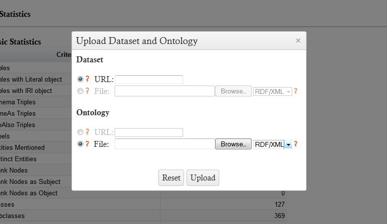 Στο παράθυρο αυτό επιλέγουμε το dataset που θέλουμε να οπτικοποιήσουμε και προαιρετικά οντολογία που περιγράφει το dataset. Σε κάθε περίπτωση μπορούμε είτε να δώσουμε το URL ενός RDF dataset πχ.