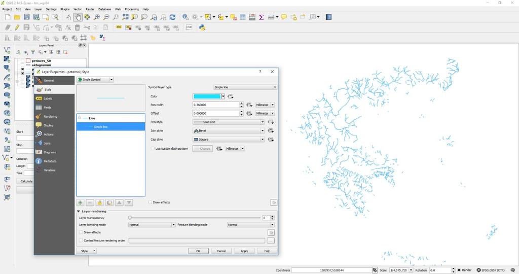 Εικ. 9. Ορισμός χρώματος στα ποτάμια. Για να εμφανίσετε ονόματα που υπάρχουν ήδη σε κάποιο shapefile πχ.
