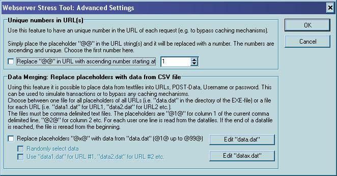 Data Merging Το Webserver Stress Tool, προκειµένου να είναι πιο ευέλικτο µε τα URLs ή για να προσπερνά µηχανισµούς εναποθήκευσης (ενός web, proxy ή εφαρµογών server), προσφέρει τη δυνατότητα