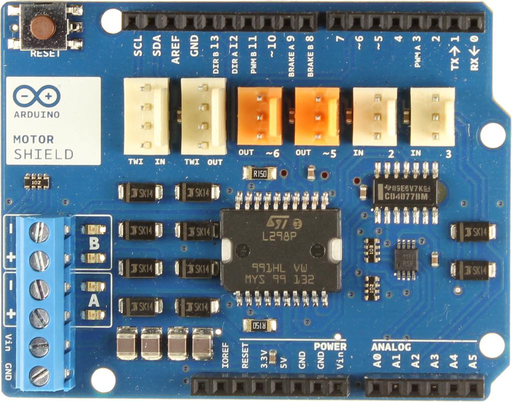 Παράδειγμα 14: Έλεγχος κινητήρα με το motor shield Στόν παρακάτω πίνακα παρουσιάζονται τα τεχνικά χαρακτηριστικά και οι ακροδέκτες ελέγχου του motor shield σύνδεσης με τον μικροελεγκτή Arduino, το