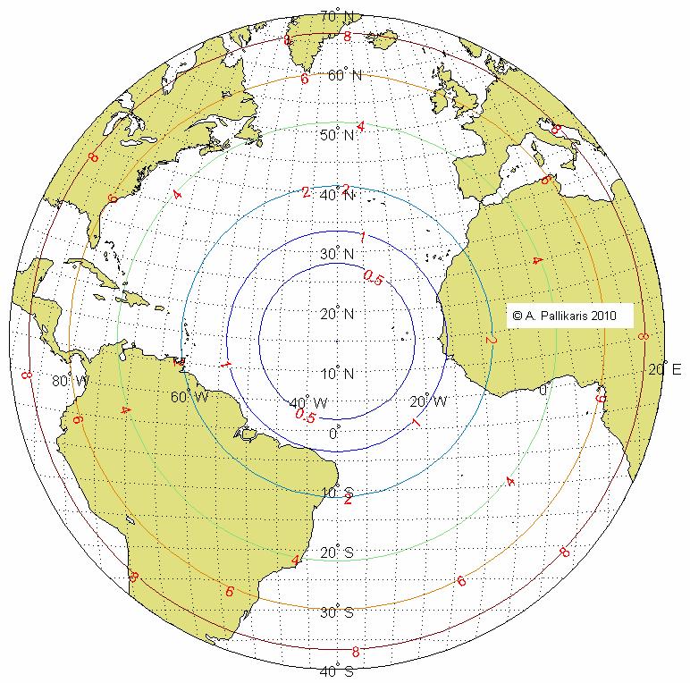 8: Με αυτή την επιλογή της θέσης του κεντρικού σημείου η μέγιστη επιθυμητή απόκλιση (±1%) καλύπτεται σε όλη σχεδόν την περιοχή του βόρειου Ατλαντικού και σε σημαντικό τμήμα του