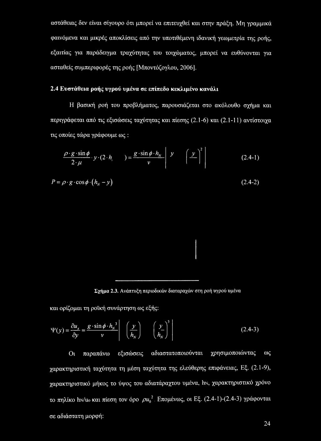 [Μποντόζογλου, 2006]. 2.4 Ευστάθεια ροής υγρού υμένα σε επίπεδο κεκλιμένο κανάλι Η βασική ροή του προβλήματος, παρουσιάζεται στο ακόλουθο σχήμα και περιγράφεται από τις εξισώσεις ταχύτητας και πίεσης (2.