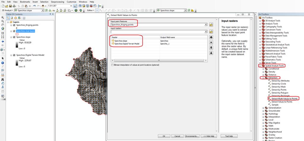 Παράδειγμα γραμμικής παρεμβολής Αφού έχουμε όλα τα απαραίτητα δεδομένα, τότε: ArcToolbox Spatial Analyst Tools Extraction Extract Multi Values to