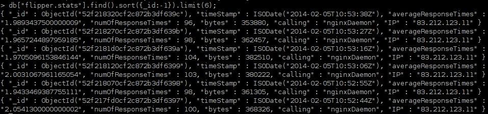 φαίνονται οι τελευταίες εγγραφές της συλλογής flipper.stats της βάσης δεδομένων.