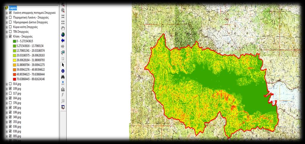 Στο σχήμα 53 φαίνεται η κλίση όπως έχει υπολογιστεί μέσα από το πρόγραμμα ArcGIS για τη λεκάνη απορροής του ποταμού Σπερχειού.