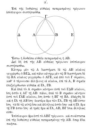 Πρόταση 1, βιβλίο 1 Επί της δοθείσης ευθείας πεπερασμένης τρίγωνον ισόπλευρον