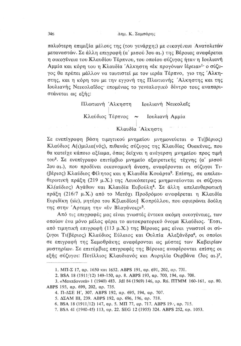 346 Δημ. Κ. Σαμσάρης παλιότερη επιμιξία μέλους της (του γενάρχη;) με οικογένεια Ανατολιτών μεταναστών. Σε άλλη επιγραφή (α' μισού 3ου αι.