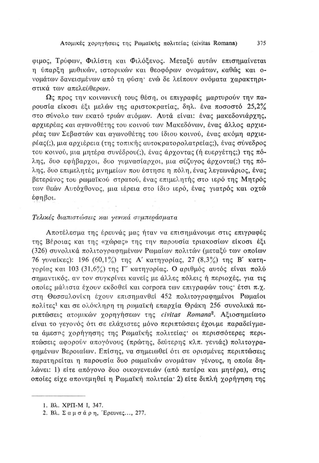 Ατομικές χορηγήσεις της Ρωμαϊκής πολιτείας (civitas Romana) 375 φιμος, Τρύφων, Φιλίστη και Φιλόξενος.