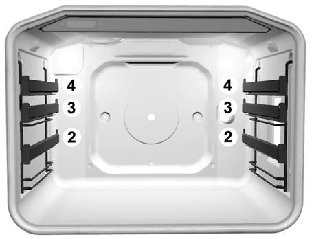 Επίπεδα ραφιών (ανάλογα με το μοντέλο) Τα εξαρτήματα (σχάρα, ρηχό και βαθύ ταψί) μπορούν να τοποθετηθούν μέσα στον φούρνο σε τέσσερα επίπεδα.