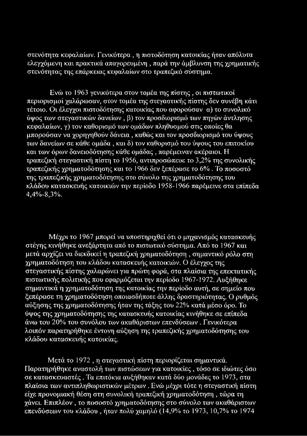 Οι έλεγχοι πιστοδότησης κατοικίας που αφορούσαν α) το συνολικό ύψος των στεγαστικών δανείων, β) τον προσδιορισμό των πηγών άντλησης κεφαλαίων, γ) τον καθορισμό των ομάδων πληθυσμού στις οποίες θα