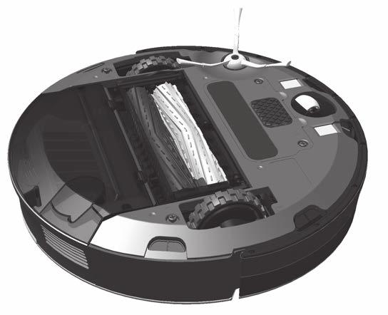 EL Ανατομία του Roomba της irobot Κάτω όψη Μονάδα δεξιού τροχού AeroForce Απαγωγέας απορριμμάτων Περιστρεφόμενη πλευρική βούρτσα Σημείο επαφής με τη βάση Home Base Αφαιρούμενος