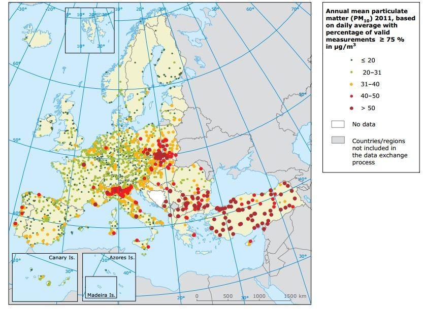 2.9 Η κατάσταση στην Ευρώπη Οι οριακές τιμές (που εφαρμόστηκαν από το 2005) και οι τιμές στόχοι που έχουν θεσμοθετηθεί από την Ευρωπαϊκή Ένωση για τα αιωρούμενα σωματίδια, ξεπεράστηκαν ευρέως στην