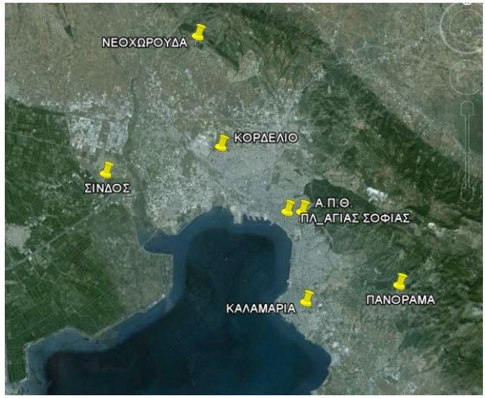 Εικόνα 4.3: Χάρτης περιοχής της Θεσσαλονίκης που εμφανίζονται οι θέσεις μέτρησης της ατμοσφαιρικής ρύπανσης (ΥΠΕΚΑ 2012).