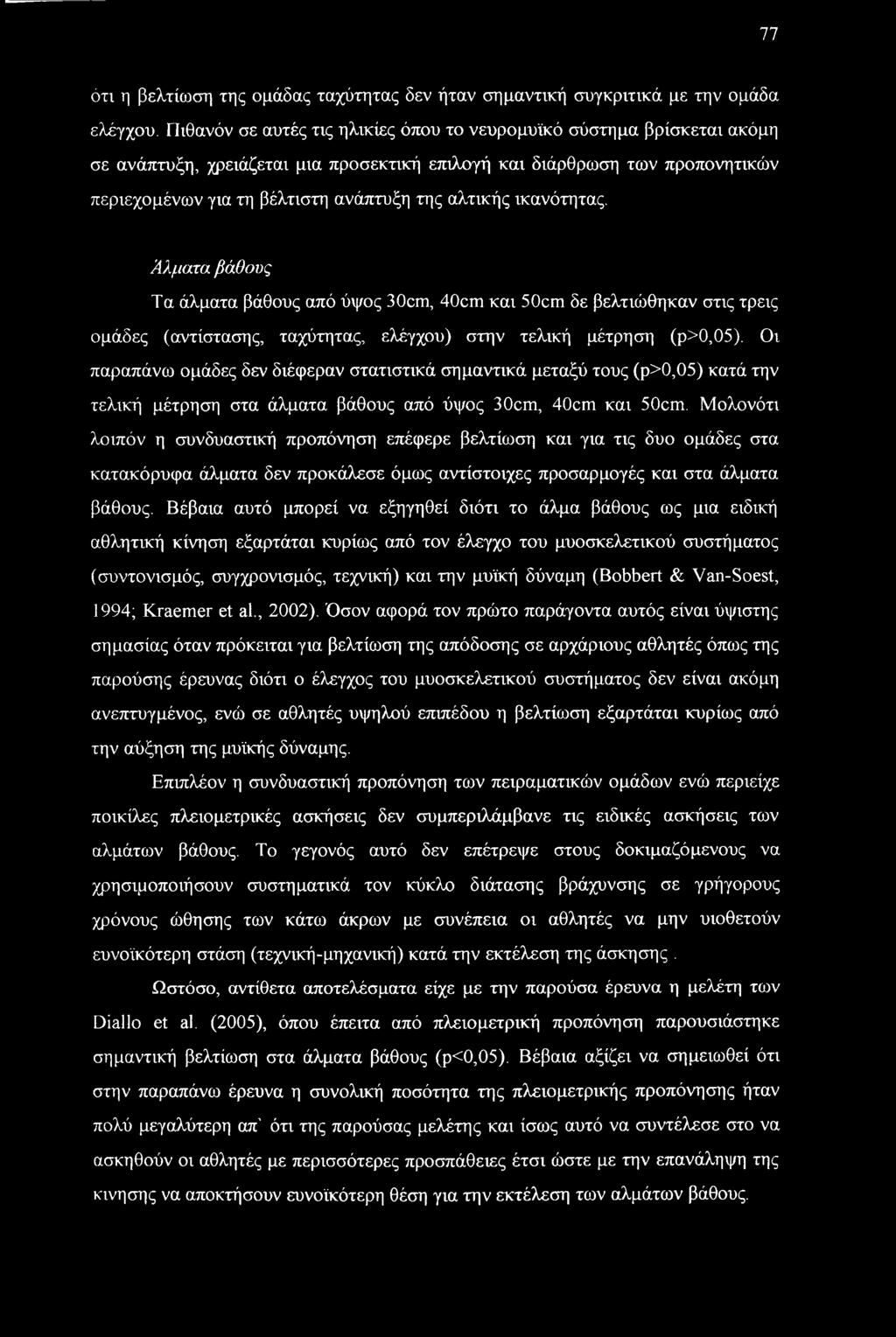 ικανότητας. Άλματα βάθους Τα άλματα βάθους από ύψος 30cm, 40cm και 50cm δε βελτιώθηκαν στις τρεις ομάδες (αντίστασης, ταχύτητας, ελέγχου) στην τελική μέτρηση (ρ>0,05).