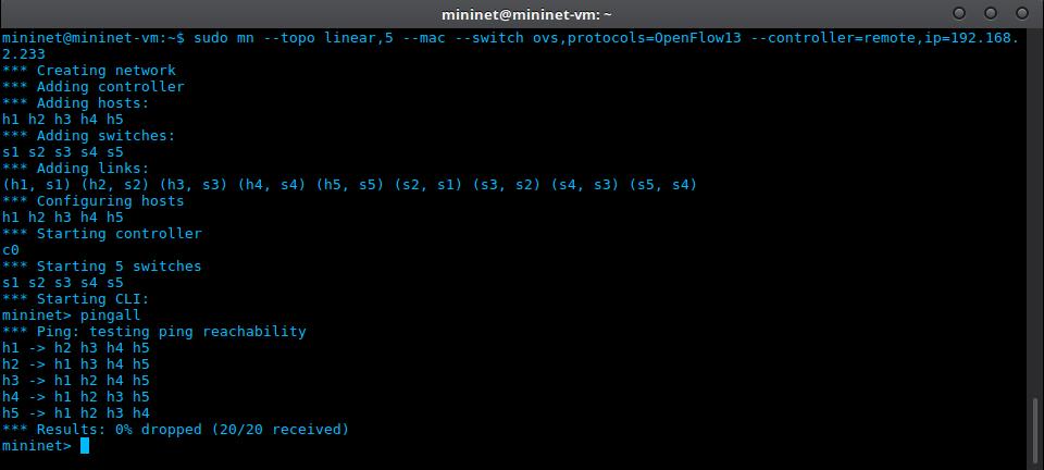 5.7 Χρήση Mininet To Mininet προσφέρει έναν ευέλικτο µηχανισµό προσοµοίωσης δεικτών µέσω CLI τα οποία αφού επιλέξουµε την τοπολογία, το µέγεθος και άλλες µεταβλητές στρέφουµε προς κάποιον SDN