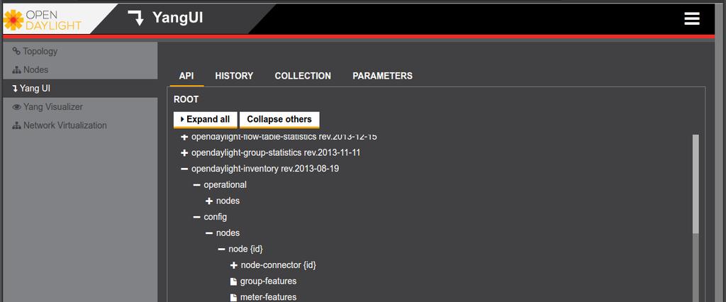 5.8.5 Yang UI Το Yang User Interface είναι µια εφαρµογή διαχείρισης του OpenDaylight Controller και περιλαµβάνει µία σειρά λειτουργιών που καλύπτουν σχεδόν συνολικά το εύρος των δυνατοτήτων του ODL.