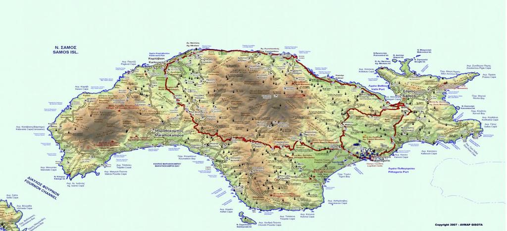 Εικόνα 1.1. Γεωφυσικός χάρτης νήσου Σάμου. Πηγή: [3] 1.1. Τοπογραφία-Μορφολογία του νησιού Η Σάμος έχει έκταση 477,942 τετραγωνικά χιλιόμετρα και η περίμετρος των ακτών της εκτιμάται στα 156 χιλιόμετρα.
