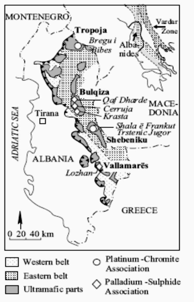 Αλβανία Pt- and Pd-πλούσια μεταλλεύματα μέσα σε δουνίτη, Bulqiza.