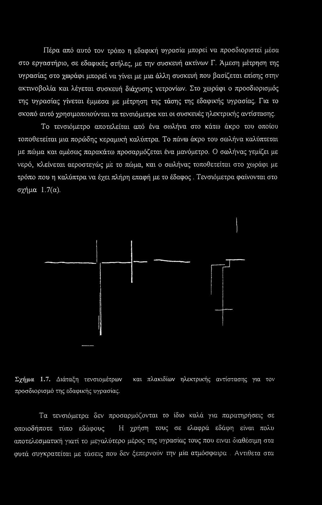 Στο χωράφι ο προσδιορισμός της υγρασίας γίνεται έμμεσα με μέτρηση της τάσης της εδαφικής υγρασίας. Για το σκοπό αυτό χρησιμοποιούνται τα τενσιόμετρα και οι συσκευές ηλεκτρικής αντίστασης.