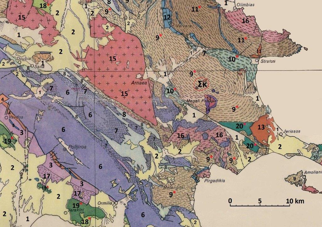 Εικόνα 2. Γεωλογικός χάρτης Αν. Χαλκιδικής. Σκ: Περιοχή Σκουριών (Απόσπασµα από τον γεωλογικό χάρτη Χαλκιδικής, 1:300.000, B.G.R. Hannover [5] ).