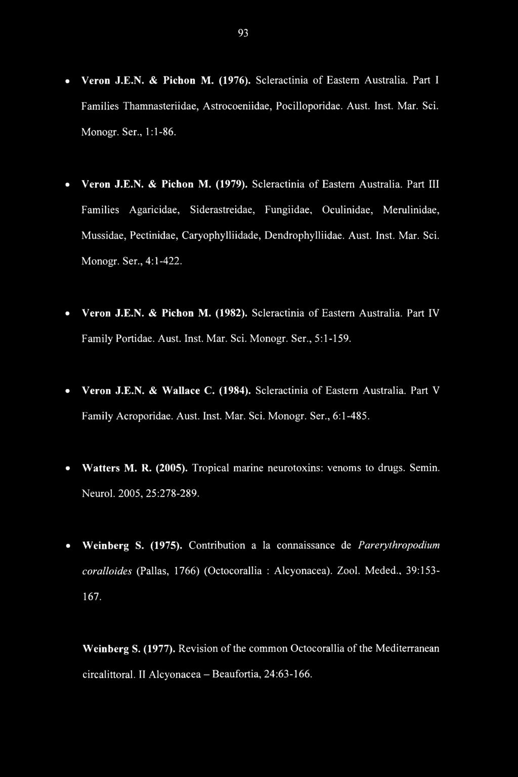 Monogr. Ser., 4:1-422. Veron J.E.N. & Pichon M. (1982). Scleractinia of Eastern Australia. Part IV Family Portidae. Aust. Inst. Mar. Sci. Monogr. Ser., 5:1-159. Veron J.E.N. & Wallace C. (1984).