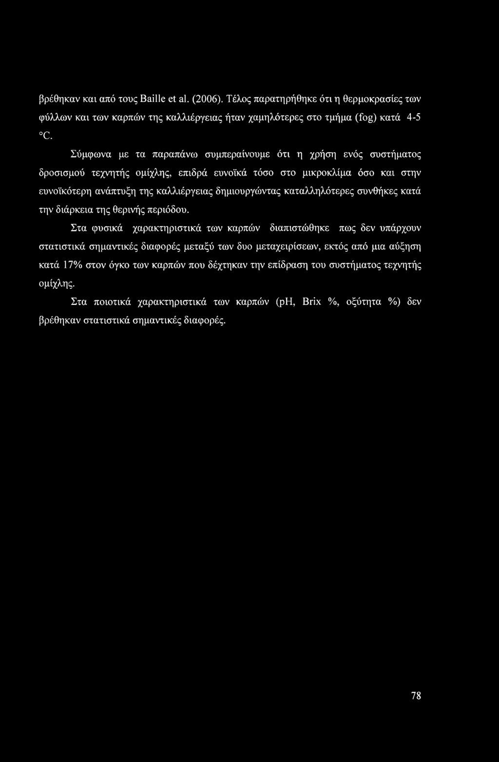 βρέθηκαν και από τους Bailie et al. (2006). Τέλος παρατηρήθηκε ότι η θερμοκρασίες των φύλλων και των καρπών της καλλιέργειας ήταν χαμηλότερες στο τμήμα (fog) κατά 4-5 C.