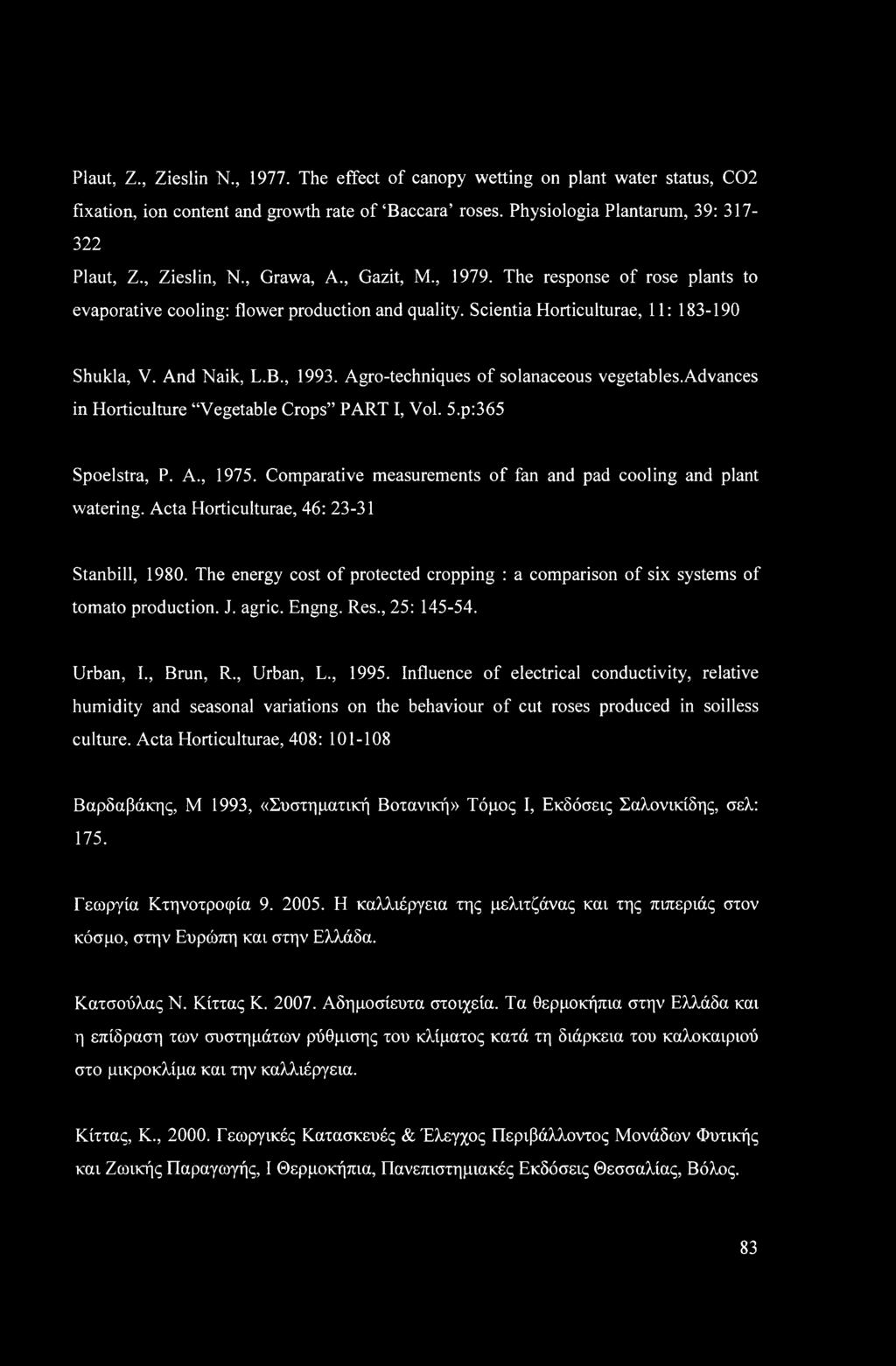 Agro-techniques of solanaceous vegetables.advances in Horticulture Vegetable Crops PART I, Vol. 5.p:365 Spoelstra, P. A., 1975. Comparative measurements of fan and pad cooling and plant watering.