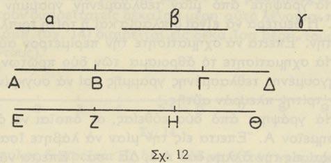 μικρότερον. Βλέπομεν π.χ. ὅτι ΑΒ = α, β>α, γ<β (σχ. 12). 16. Τί εἶναι ἄθροισμα εὐθυγράμμων τμημάτων. Εἰς ἓν φύλλον χάρτου ἢ εἰς τὸν πίνακα γράφομεν τρία π. χ. εὐθύγραμμα τμήματα α, β, γ καὶ χωριστὰ ἀπὸ αὐτὰ μίαν εὐθεῖαν ΑΔ (σχ.