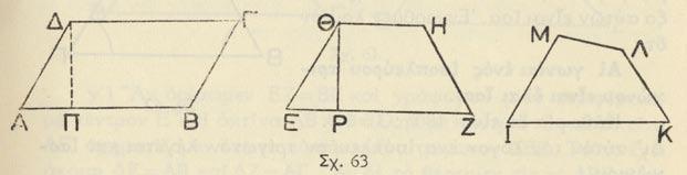 αὐτὰς μὲ δύο ἄλλας ΙΜ, ΚΛ ἐπίσης μὴ παραλλήλους. Σχηματίζομεν τοιουτοτρόπως ἕνα τετράπλευρον ΙΚΛΜ (σχ. 63), τὸ ὁποῖον δὲν ἔχει παραλλήλους πλευράς. Αὐτὸ λέγεται τραπεζοειδές.