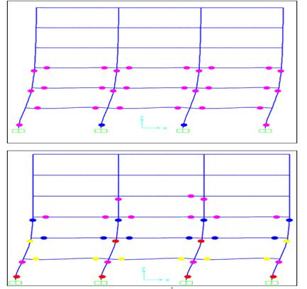 Σχ. 29 Εικόνες με πλαστικές αρθρώσεις από τη push over μέθοδο επίλυσης (πάνω από αρχικά στάδια και κάτω από προχωρημένο στάδιο φόρτισης) Σχ.