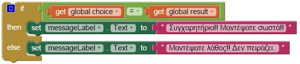 Εάν η επιλογή του χρήστη (choice) συμφωνεί με το αποτέλεσμα της ρίψης του νομίσματος (result), τότε θα εμφανίζεται το μήνυμα «Συγχαρητήρια!! Μαντέψατε σωστά!